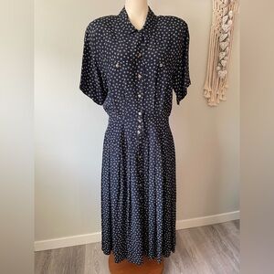 Vintage Liz Claiborne Cottagecore Prairie Front Button Down Maxi Dress Navy Blue